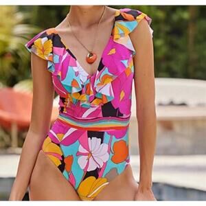 Trina Turk One-Piece Swimsuit Sz 8 Deep V Swim Resort Gemini Ruffle Plunge Pink